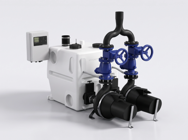 Custom-engineered wastewater pumping station with multiple pumps and integrated pipework