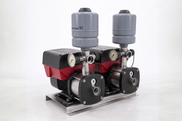 Grundfos CMBE Twin pressure boosting system with dual variable speed pumps for maintaining consistent water pressure and improved system reliability in domestic and commercial applications.