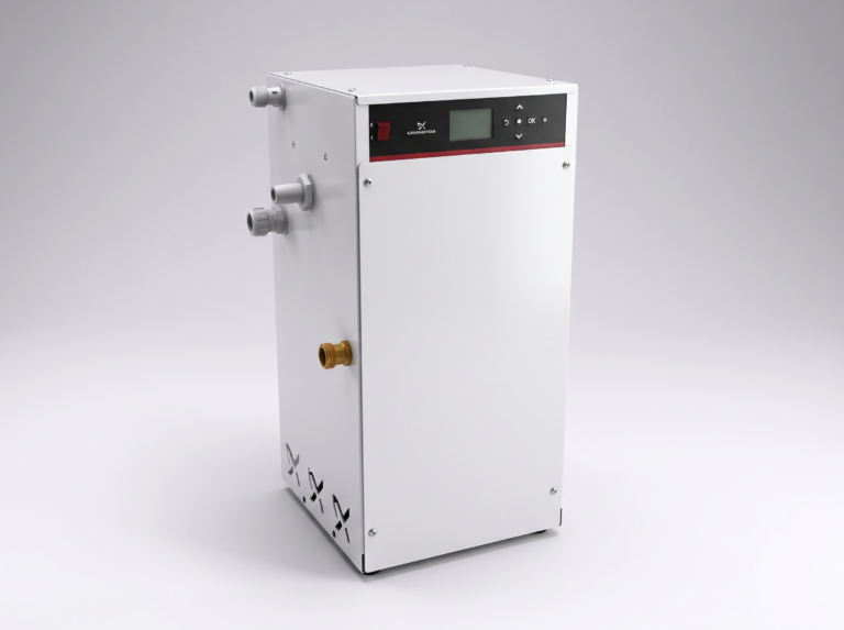 Grundfos PHT A D150 UC wall-mounted pressurisation unit with integrated digital controller, shown in a white metal enclosure with side pipe connections on a light grey background.