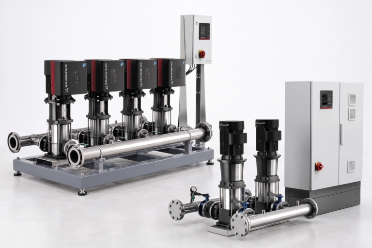 Grundfos Hydro MPC pressure boosting system with multiple pumps and intelligent control for maintaining constant water pressure in commercial and industrial buildings.