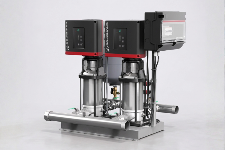 Grundfos Hydro Multi-E pressure boosting system with multiple variable speed pumps for delivering reliable, energy-efficient water pressure in commercial and industrial water supply applications.