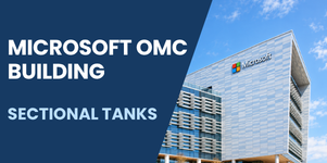 Featured image for the Microsoft OMC Building water storage case study, showing a modern glass office building alongside a blue graphic banner with the title “Microsoft OMC Building” and “Sectional Tanks”.
