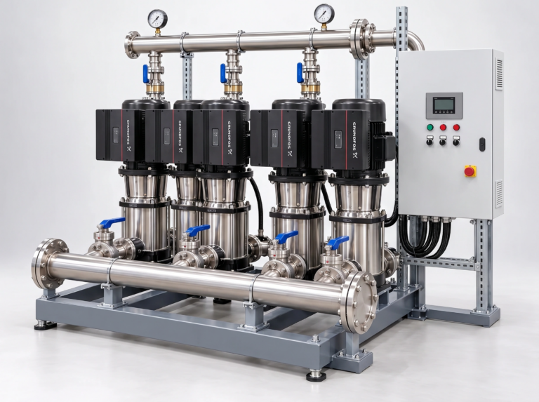 A complete packaged booster assembly with multiple pumps, common pipework and associated control equipment.