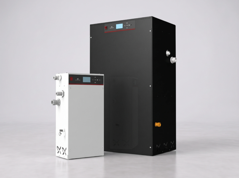 Grundfos PHT pressurisation units showing wall-mounted and floor-standing models with integrated digital control panels for maintaining pressure in closed heating and cooling systems.