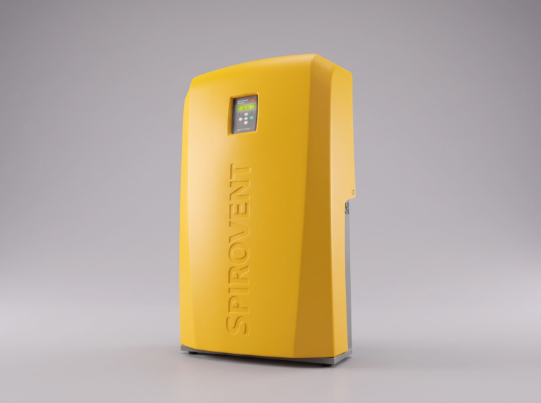 Spirotech SpiroVent Superior floor-standing vacuum degassing unit with integrated digital control panel and yellow insulated housing for closed-loop HVAC heating and cooling systems.