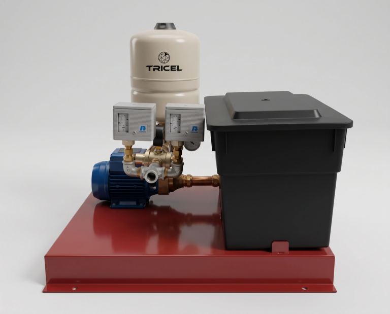 Tricel packaged pressurisation unit with twin pumps, break tank, expansion vessel and pressure controls mounted on a steel base.